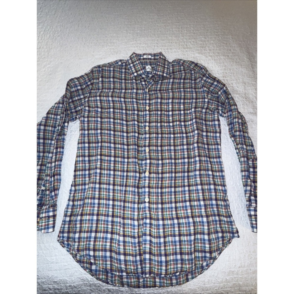 Peter Millar 100% Linen Shirt Mens Large Button Up Long Sleeve Plaid Casual‎